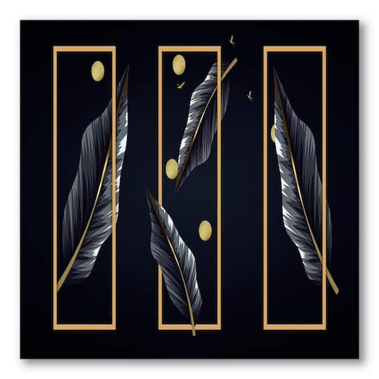 Designart - Black Tropical Leaves With Golden Rectangles